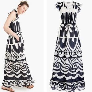 POINT SUR J CREW RATTI PRINT TIER RUFFLED NAVY & WHITE MAXI DRESS NEW WITH TAGS